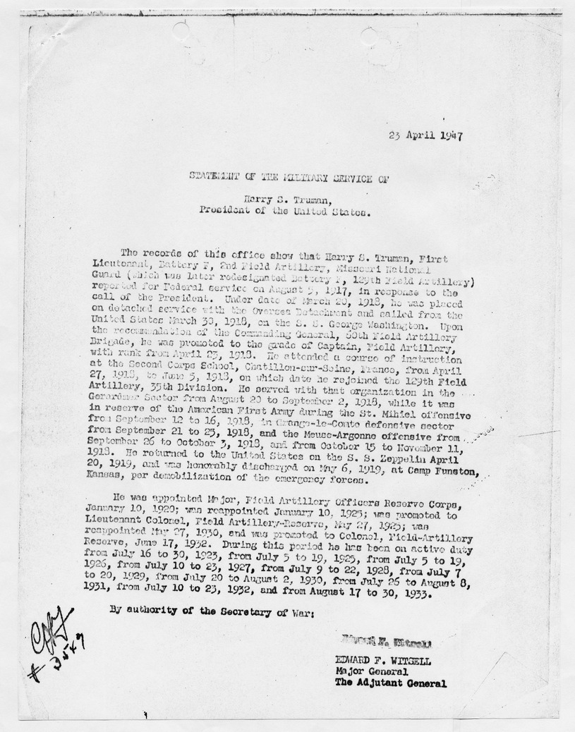 Memorandum from Major General Edward F. Witsell to Frederick M. Kerby