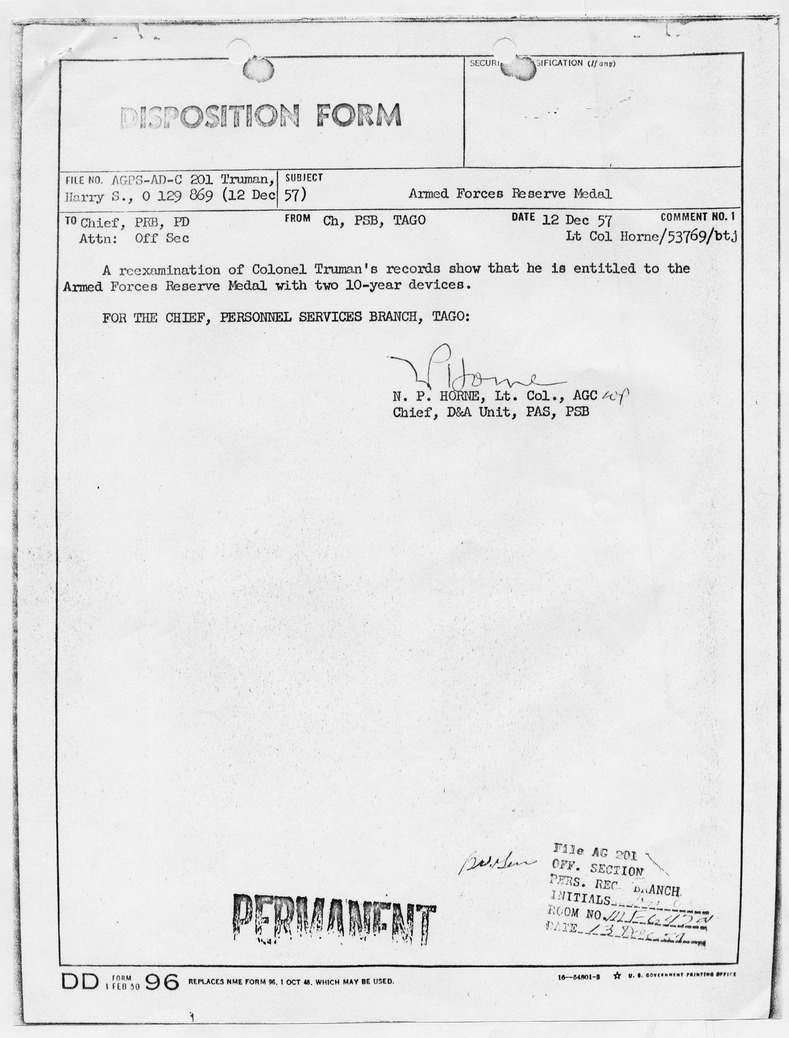 Disposition Form from Lieutenant Colonel N. P. Horne to Chief, PRB, PD