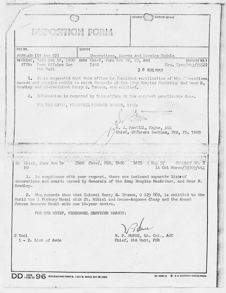 Disposition Form from Major A. J. MacGill to the Adjutant General's Office, Personnel Services Bureau