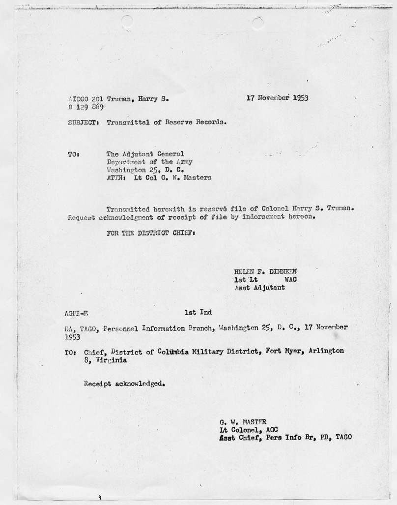 Transmittal of Reserve Records for Harry S. Truman