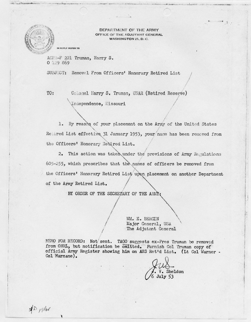 Memorandum from Major General William E. Bergin to Harry S. Truman