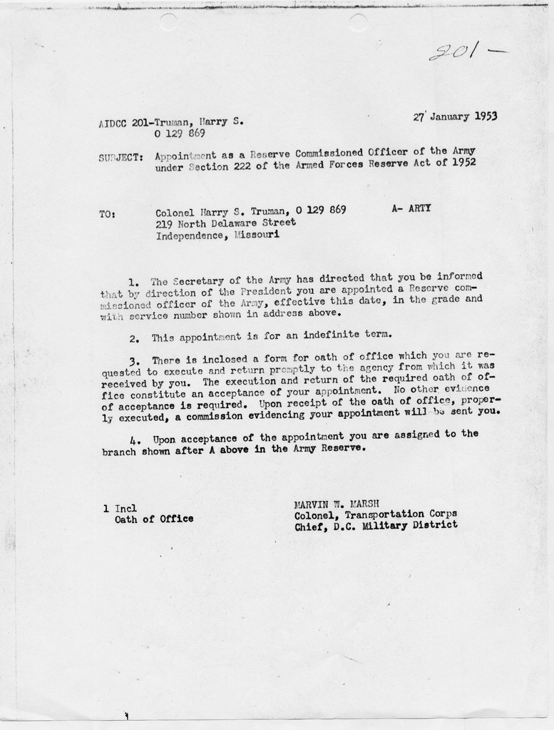 Memorandum from Colonel Marvin W. Marsh to Colonel Harry S. Truman