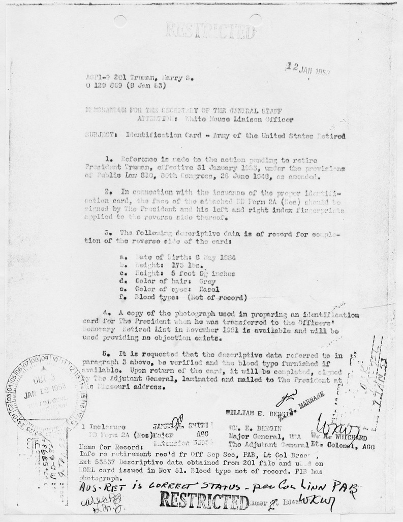 Memorandum from Major General William E. Bergin to the Secretary of the General Staff, White House Liaison Officer