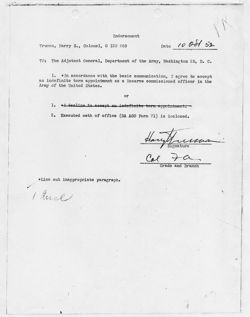 Indorsement as a Reserve Commissioned Officer in the Army of the United States for Harry S. Truman