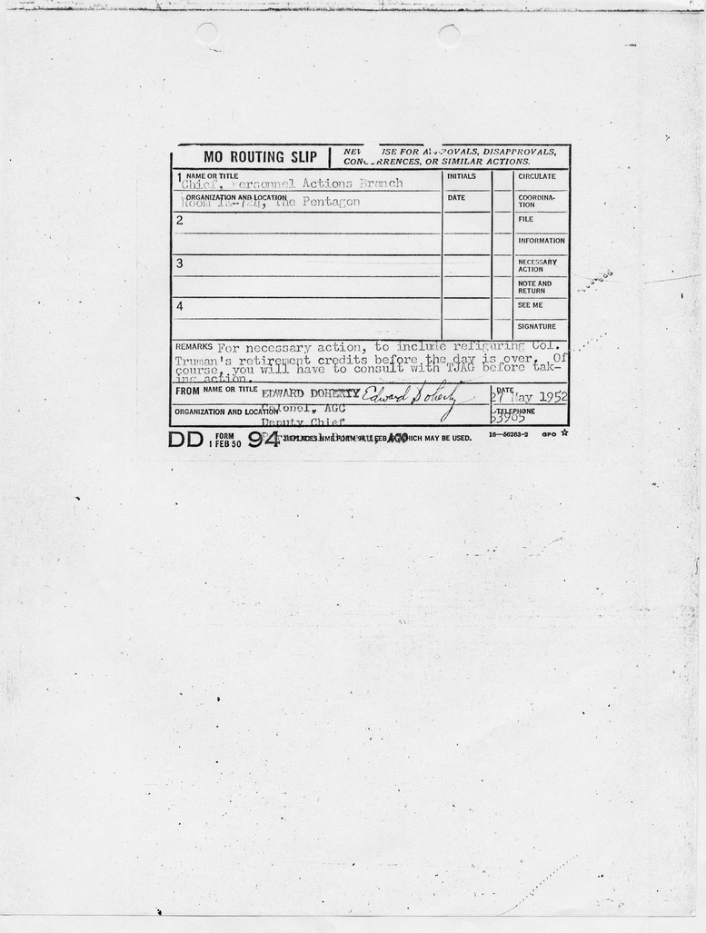 Memo Routing Slip from Colonel Edward Doherty to Chief, Personnel Actions Branch