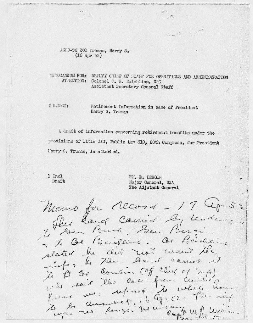 Memorandum from Major General William E. Bergin to Colonel J. R. Beishline