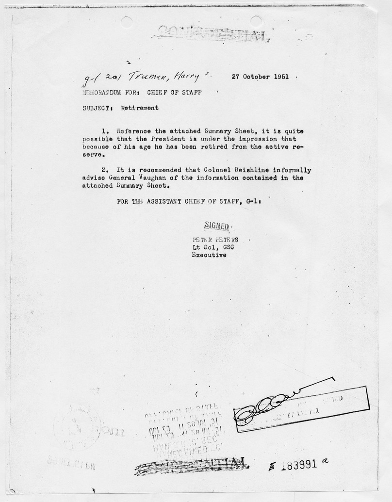 Memorandum from Lieutenant Colonel Peter Peters to Chief of Staff