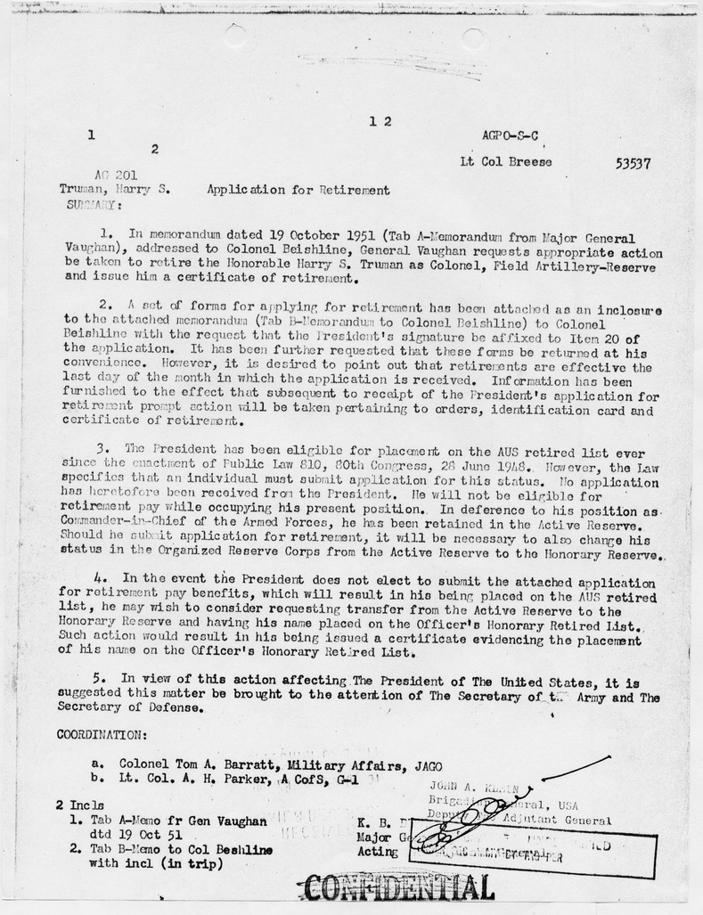 Memorandum from Major General K. B. Bush to Lieutenant Colonel Breese