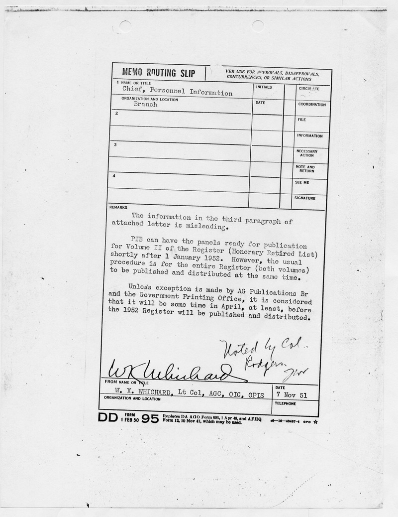 Memo Routing Slip from Lieutenant Colonel W. K. Whichard to Chief of Personnel Information