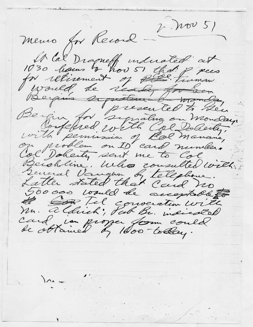 Handwritten Memorandum for the Record, Author Unknown, Regarding Retirement of Colonel Harry S. Truman