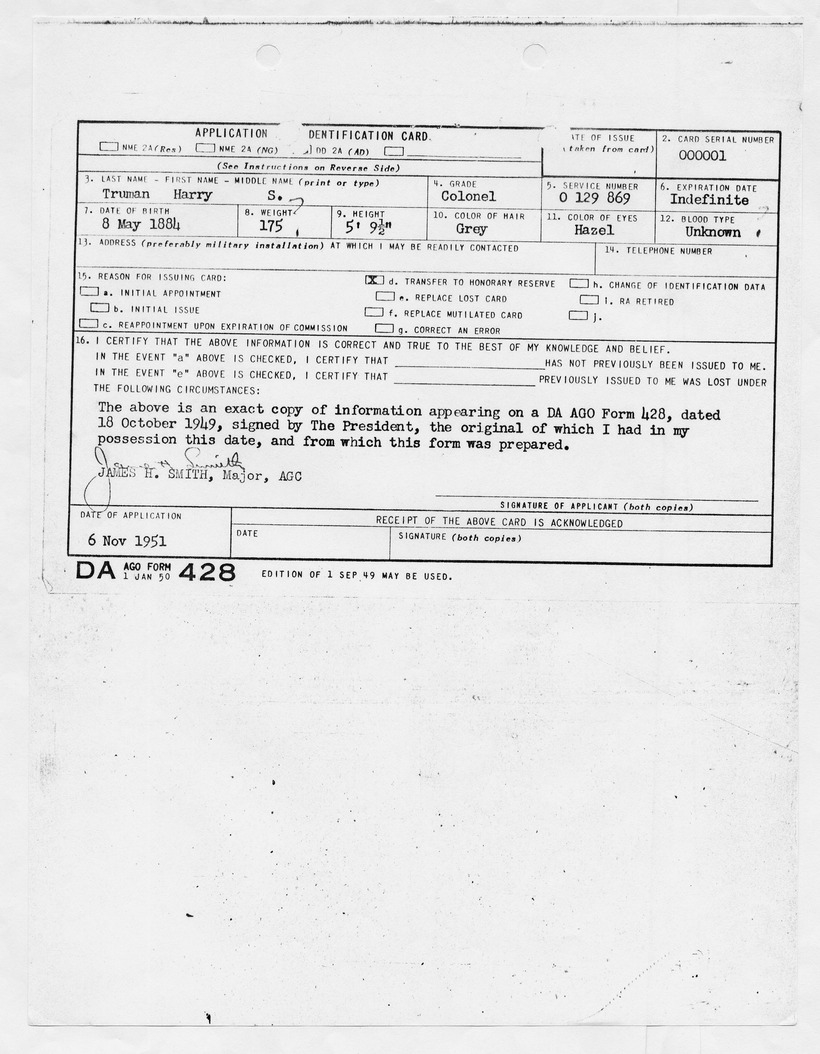 Application for Identification Card for President Harry S. Truman