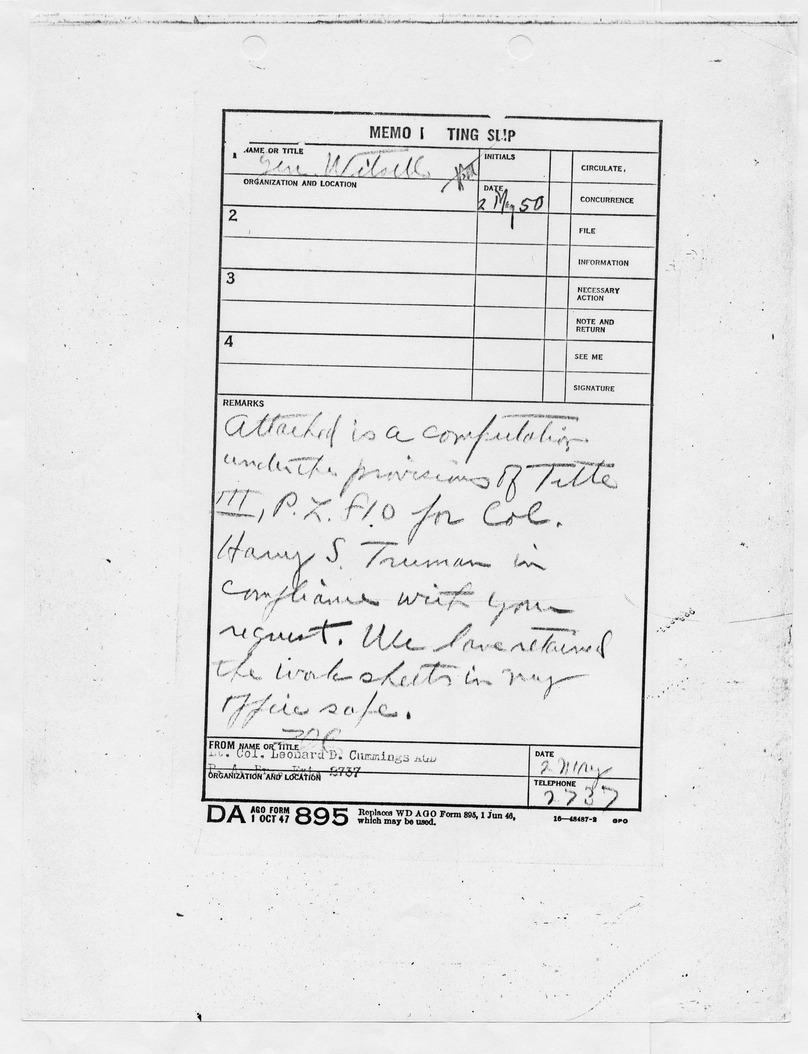 Memo Routing Slip from Lieutenant Colonel Leonard D. Cummings to General Witsell