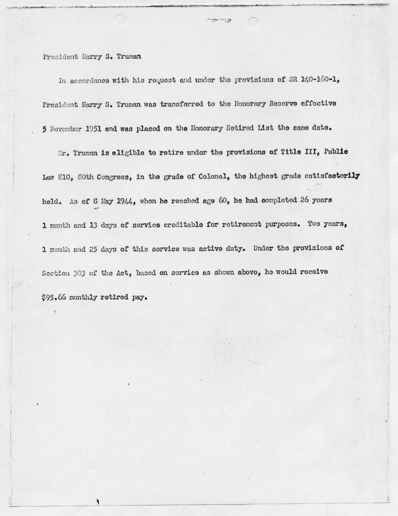Draft Announcement of Military Retirement of President Harry S. Truman