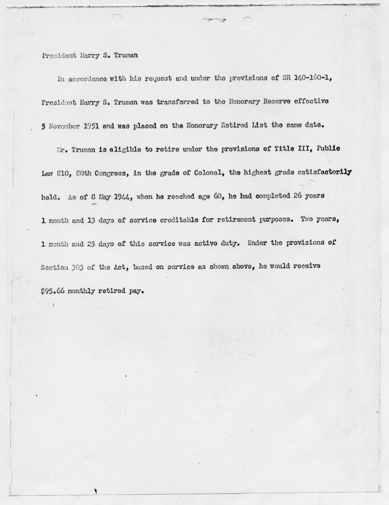 Draft Announcement of Military Retirement of President Harry S. Truman