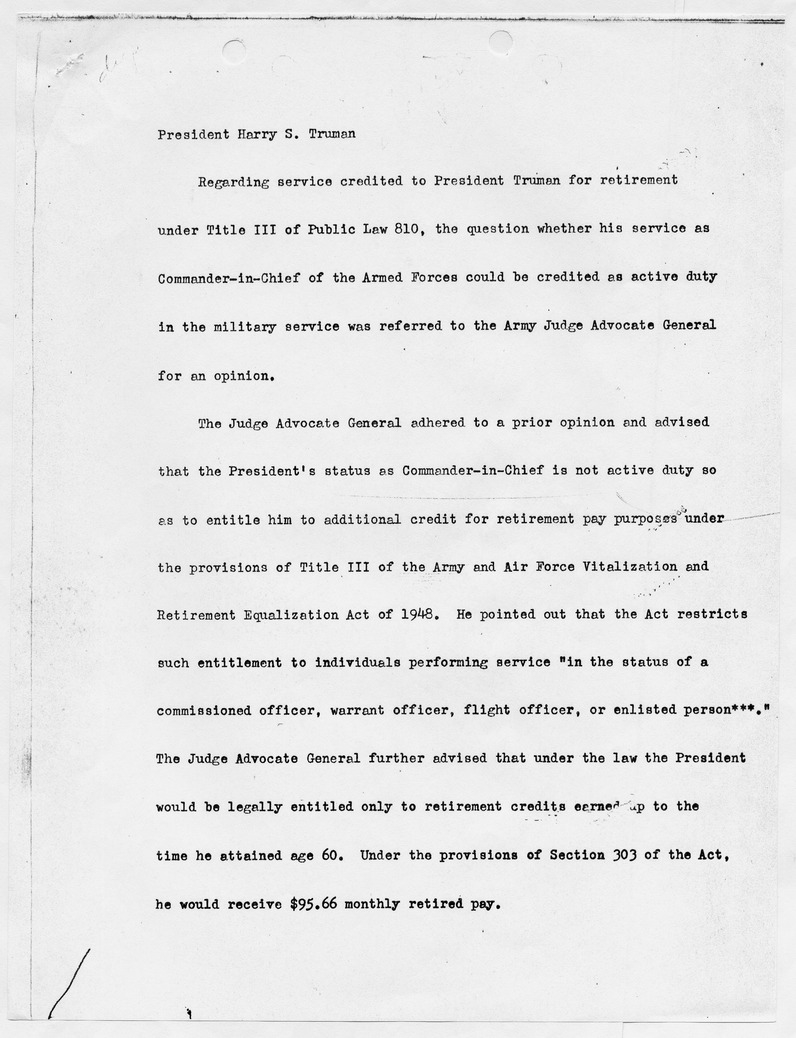 Memorandum from the Judge Advocate General Regarding Military Service and Status of President Harry S. Truman