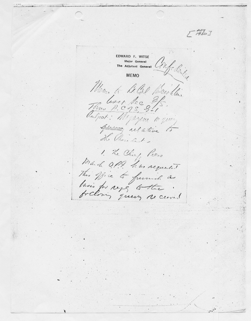 Handwritten Memorandum from Major General Edward F. Witse to Lieutenant Colonel Beishline