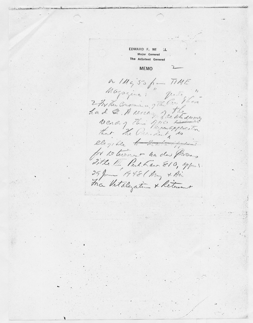 Handwritten Memorandum from Major General Edward F. Witse to Lieutenant Colonel Beishline