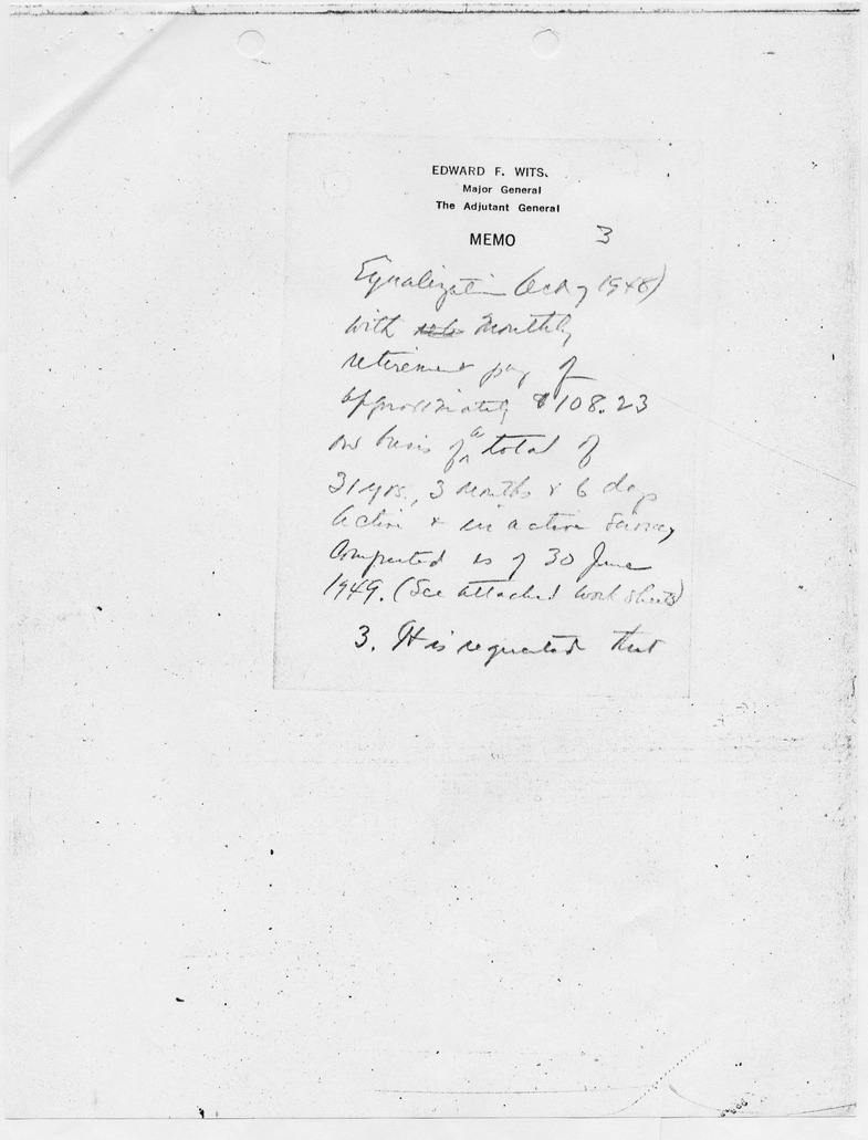 Handwritten Memorandum from Major General Edward F. Witse to Lieutenant Colonel Beishline