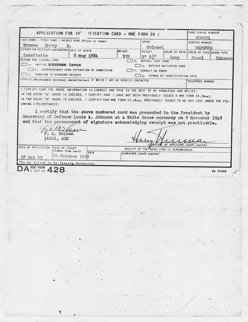 Application for Identification Card for President Harry S. Truman