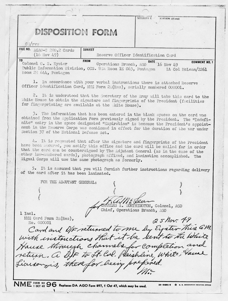 Disposition Form from Colonel Charles A. Worthington to Colonel G. S. Eyster