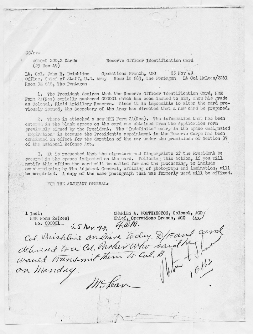 Disposition Form from Colonel Charles A. Worthington to Colonel G. S. Eyster