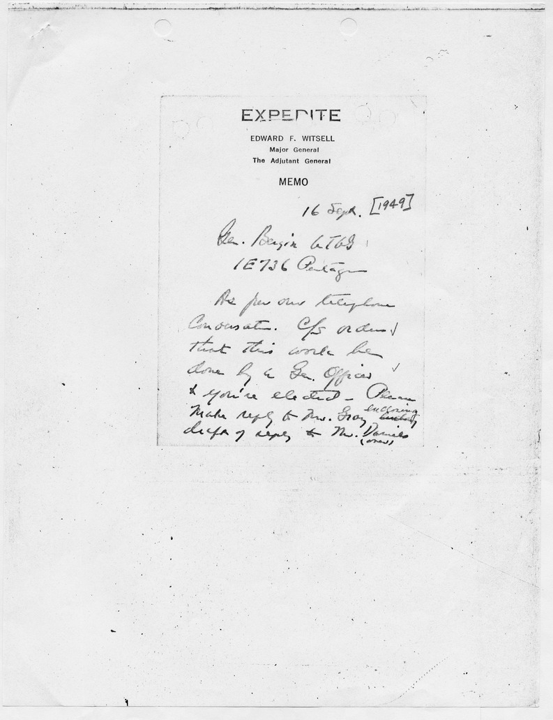 Handwritten Note from Major General Edward F. Witsell to Major General William E. Bergin