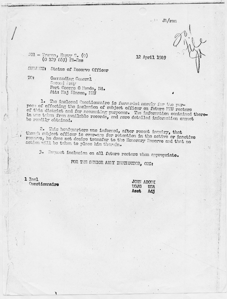 Memorandum from Assistant Adjutant John Adcox to Major Rinson
