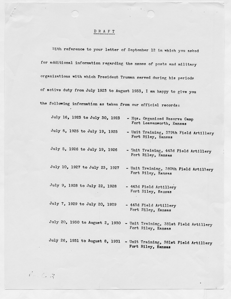 Draft of Service Record of President Harry S. Truman