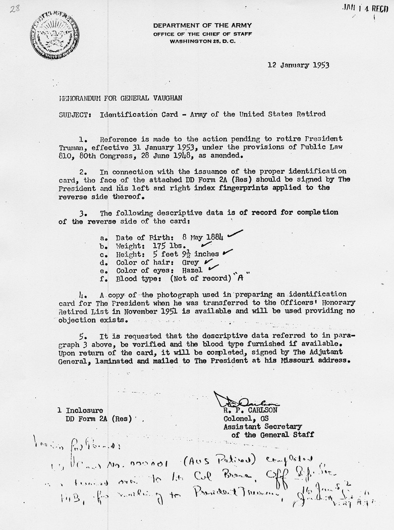Memorandum from Colonel R. P. Carlson to Major General Harry H. Vaughan