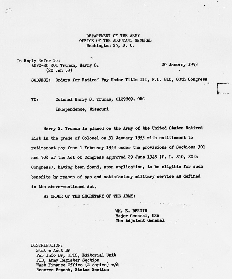 Memorandum from Major General William E. Bergin to Colonel Harry S. Truman