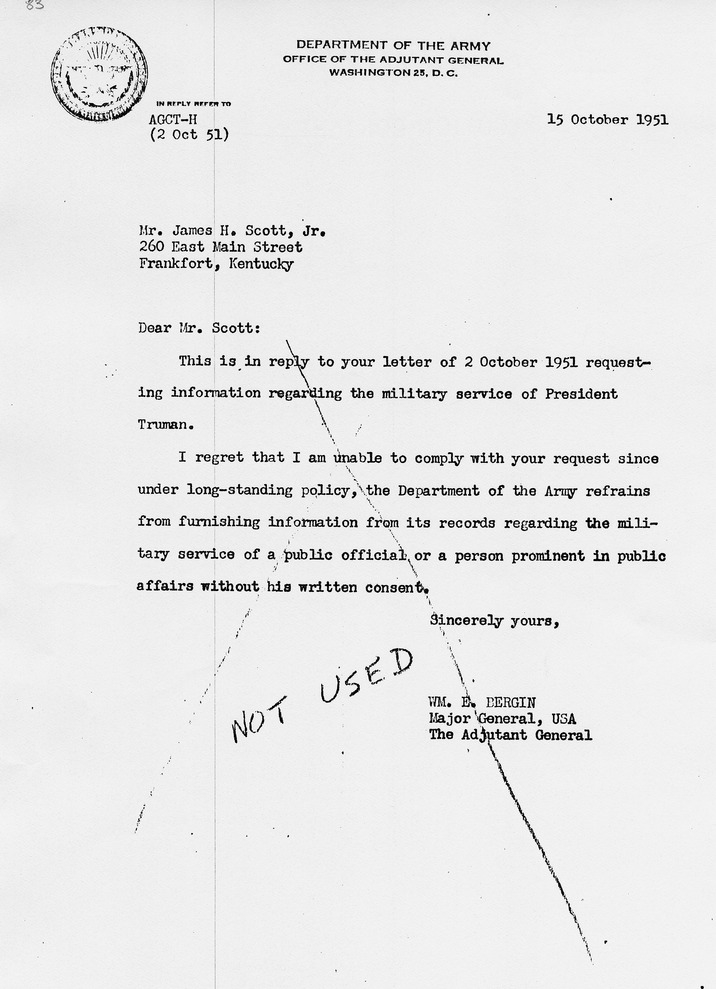Letter from Major General William E. Bergin to James H. Scott, Jr.