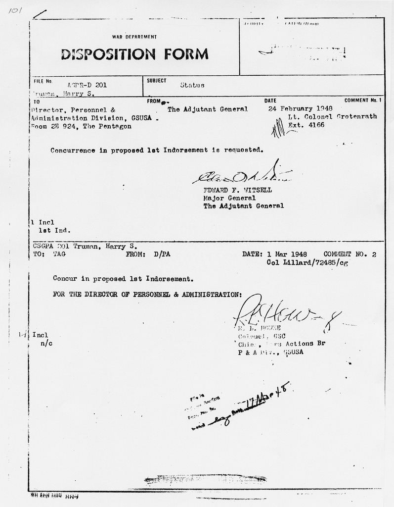 Disposition Form from Major General Edward F. Witsell to Director, Personnel & Administration Division with Related Material