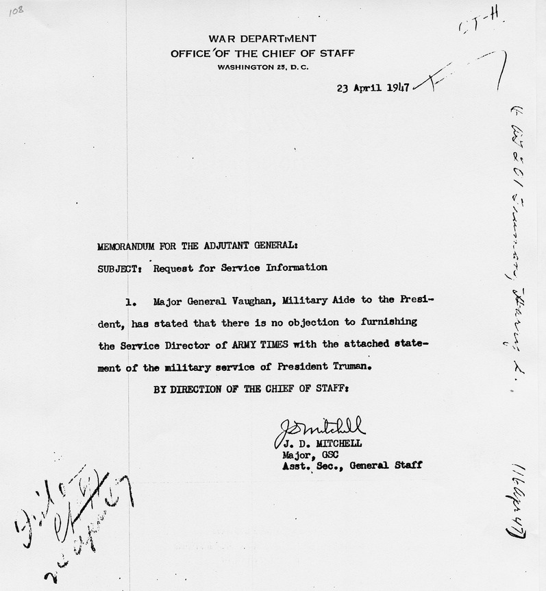 Memorandum from Major J. D. Mitchell to the Adjutant General