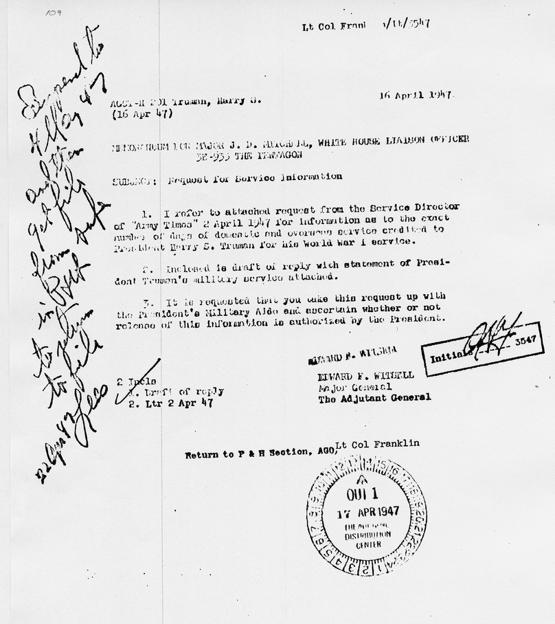 Memorandum from Major General Edward F. Witsell to Major J. D. Mitchell