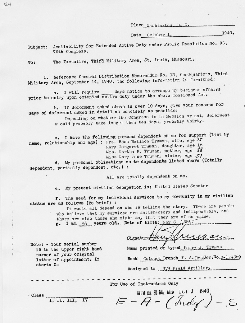 Memorandum, Availability for Extended Active Duty for Senator Harry S. Truman