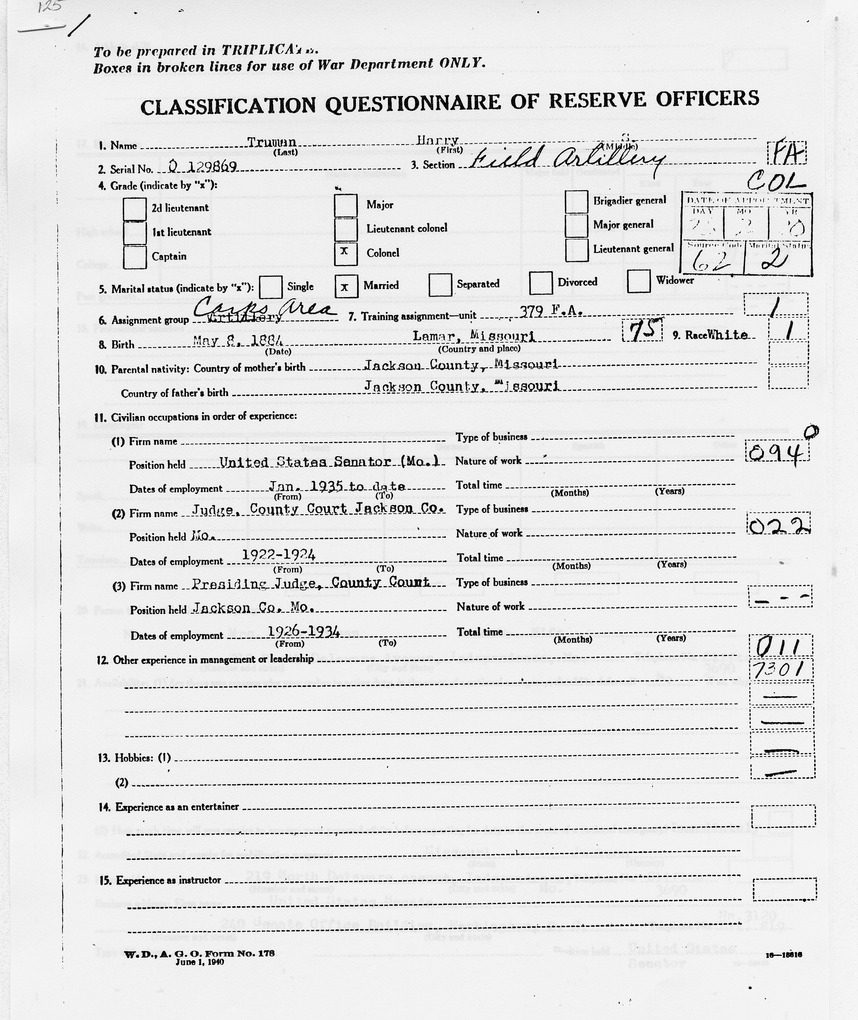 Classification Questionnaire of Reserve Officers for Colonel Harry S. Truman