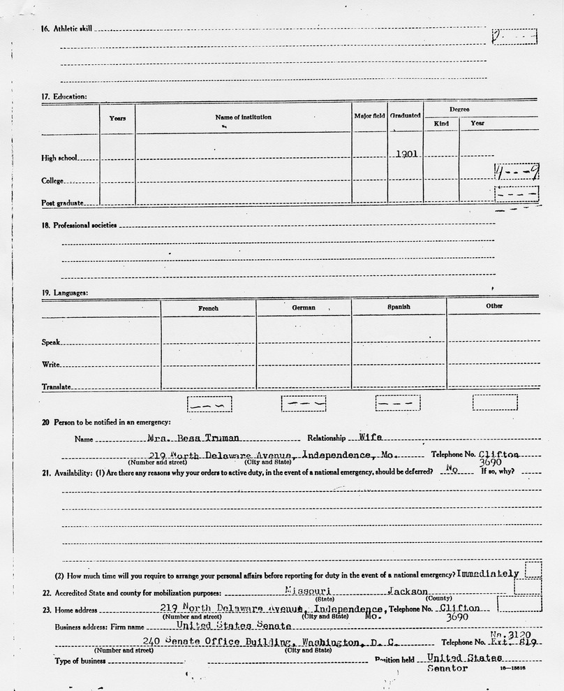 Classification Questionnaire of Reserve Officers for Colonel Harry S. Truman