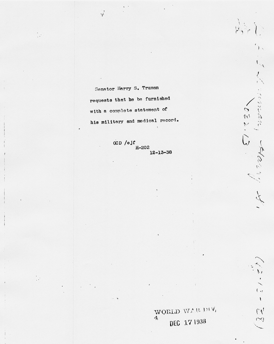 Memorandum from Unidentified Source for Military Record File of Senator Harry S. Truman