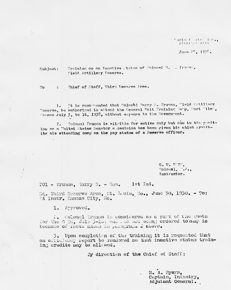 Memorandum from Colonel G. M. Perk to Chief of Staff, Third Reserve Area