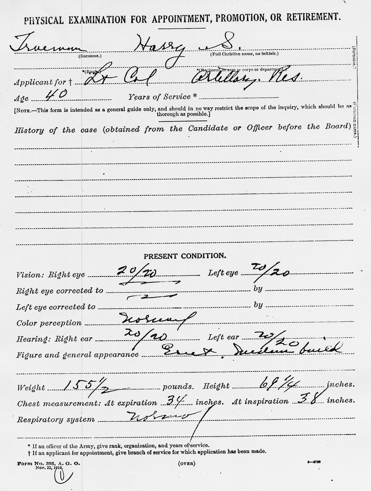 Physical Examination for Appointment, Promotion, or Retirement for Lieutenant Colonel Harry S. Truman