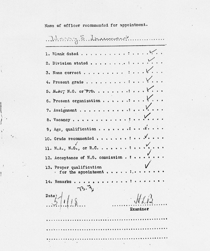Appointment Recommendation Checklist for Harry S. Truman