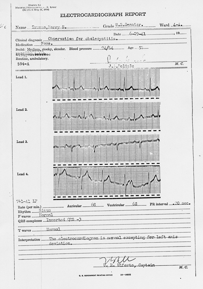 Electrocardiograph Report for Senator Harry S. Truman