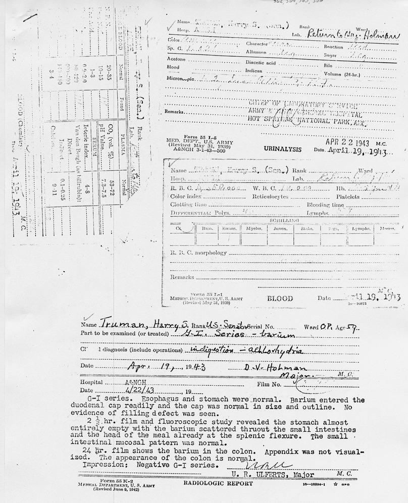 Blood, Urinalysis, and Radiologic Reports for Senator Harry S. Truman