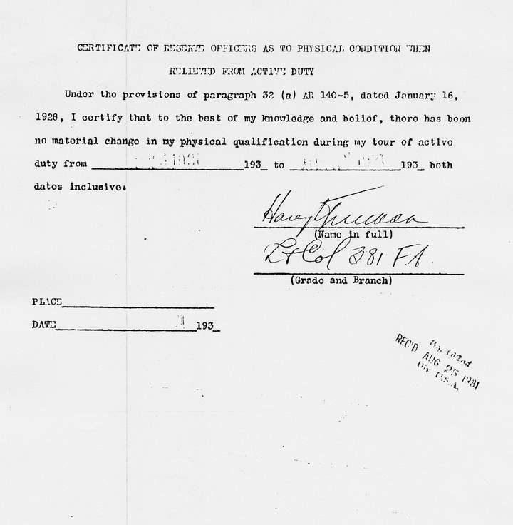 Certificate of Reserve Officers as to Physical Condition When Relieved from Active Duty for Lieutenant Colonel Harry S. Truman