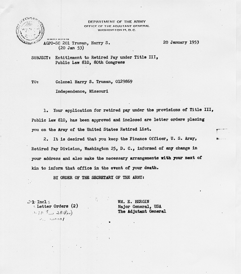 Memorandum from Major General William E. Bergin to Colonel Harry S. Truman