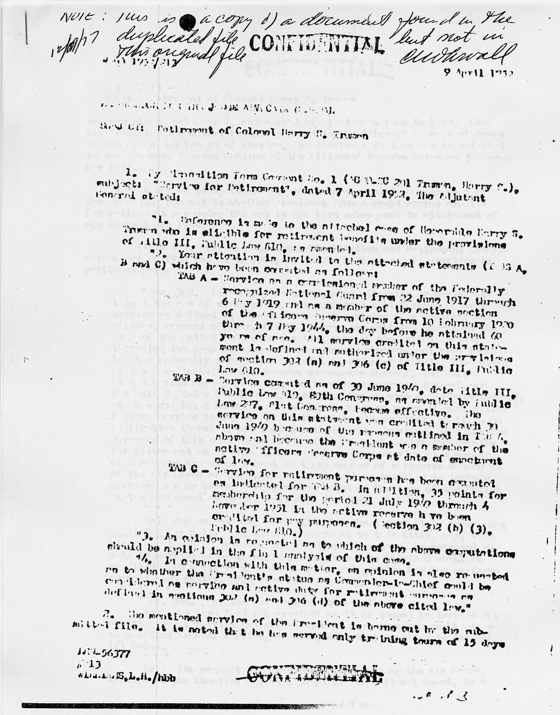 Memorandum, Author Illegible, to the Adjutant General