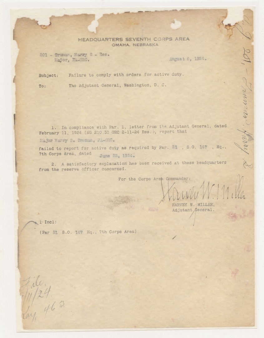 Memorandum from Adjutant General Harvey W. Miller to the Adjutant General, Washington, D. C.,