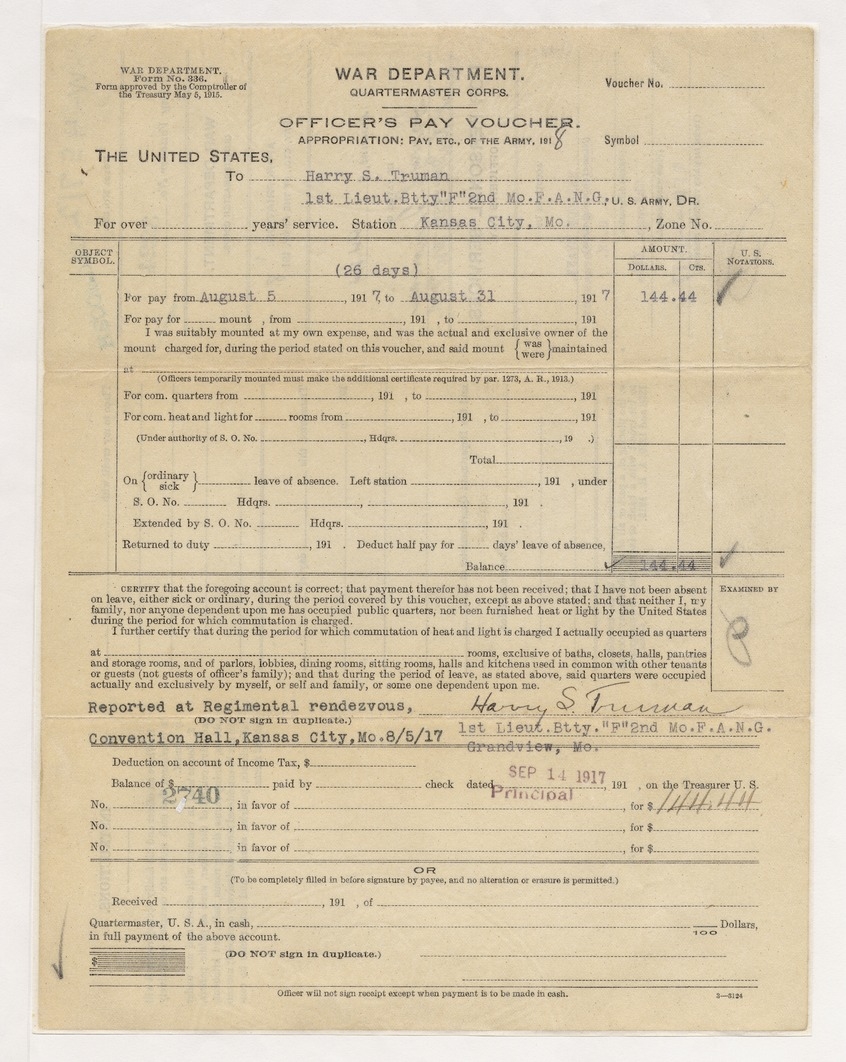Officer's Pay Voucher for First Lieutenant Harry S. Truman