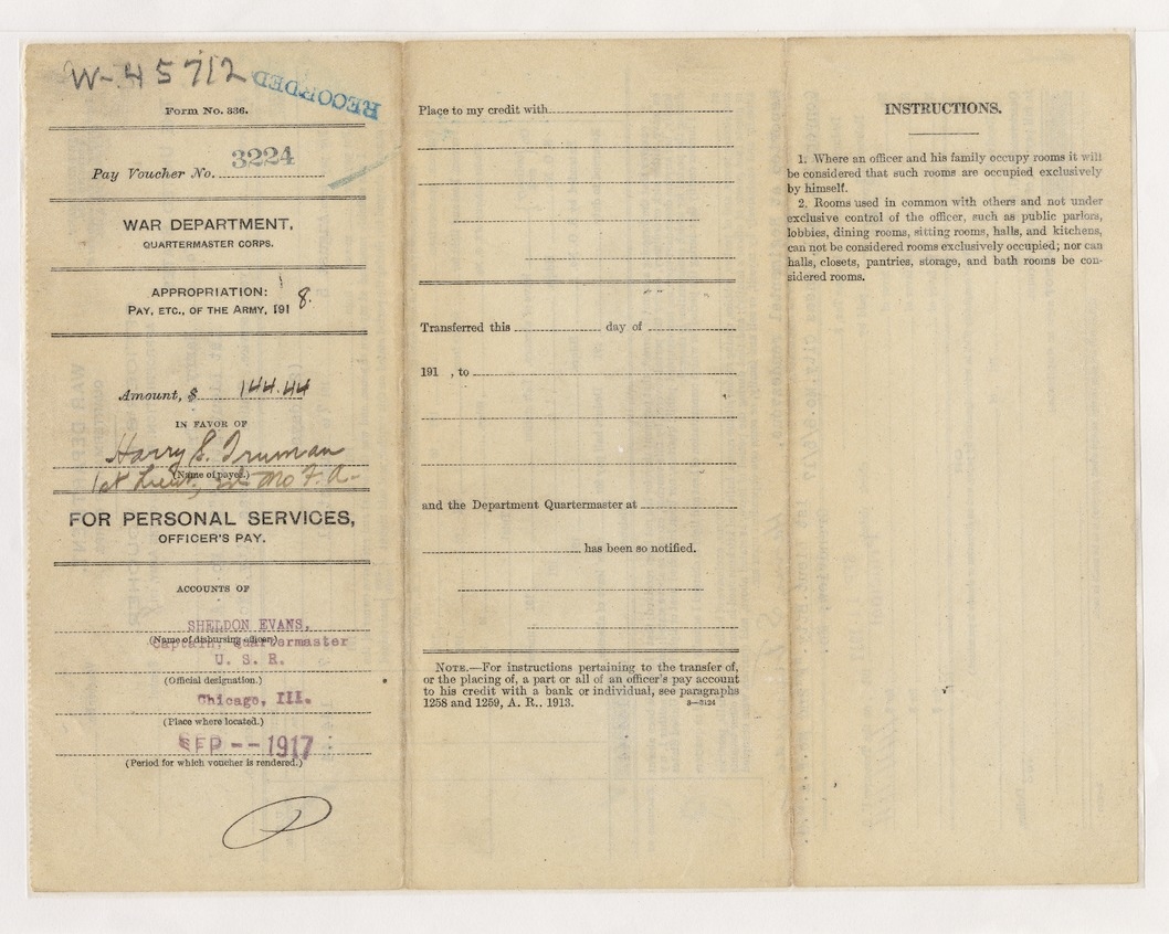 Officer's Pay Voucher for First Lieutenant Harry S. Truman