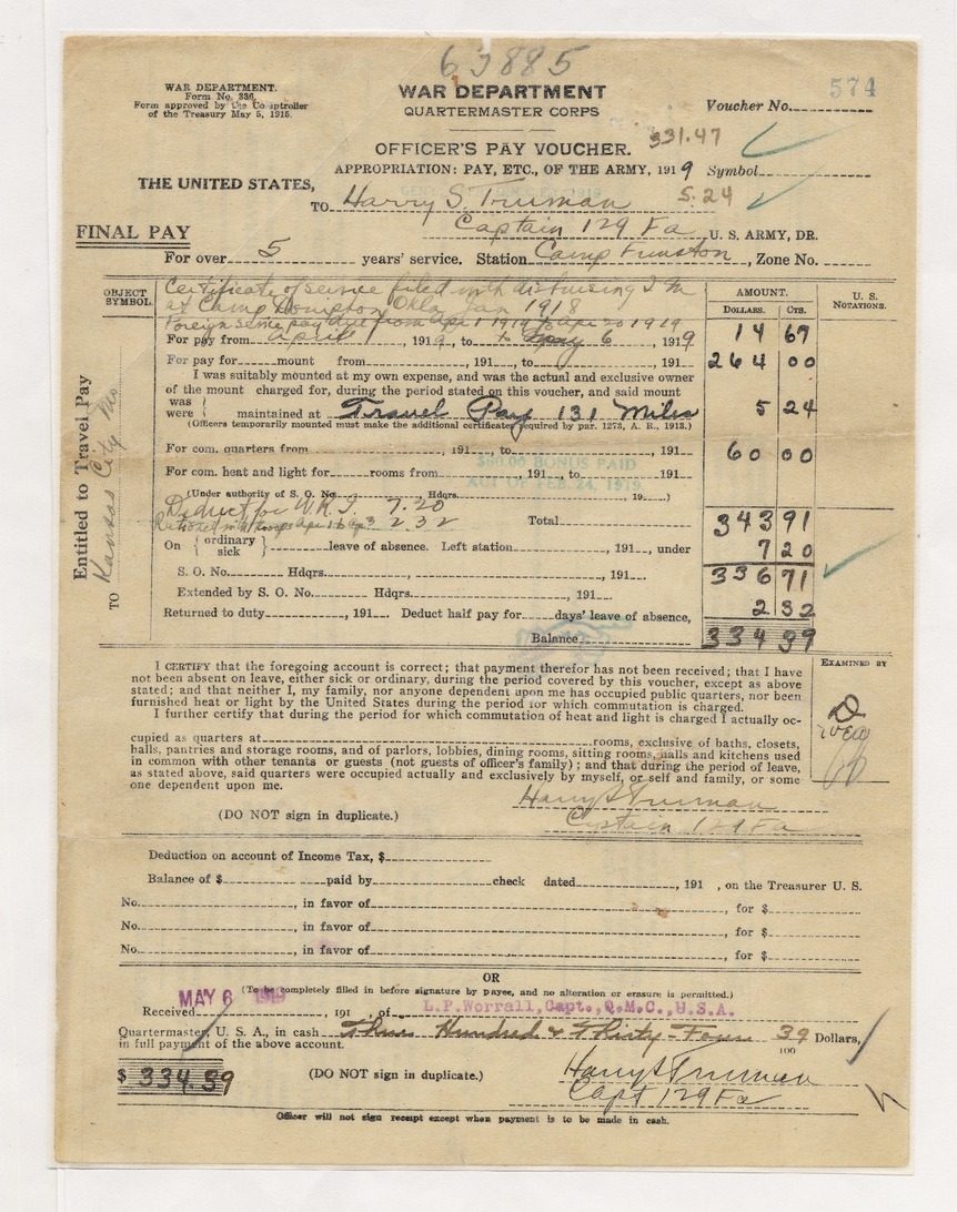 Officer's Pay Voucher for Captain Harry S. Truman